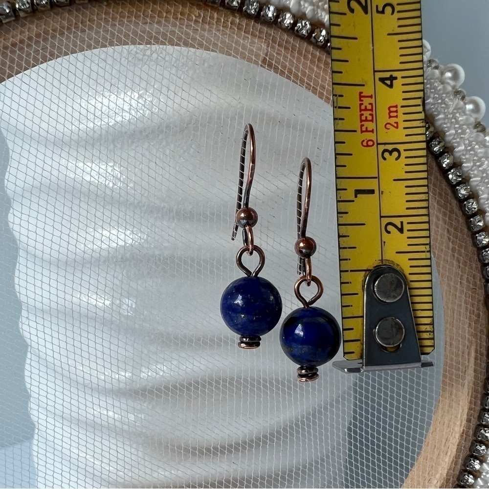 Blue Lapis Beaded Wire Wrap Copper Minimalist Earrings - Picture 6 of 11